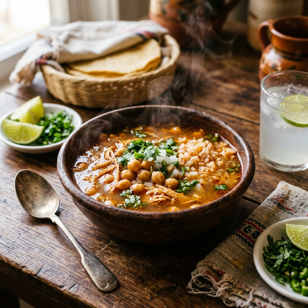 Un tazón caliente de consomé de barbacoa con garbanzos