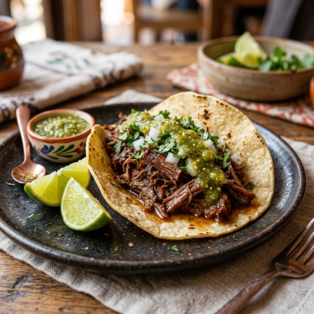 Un taco de barbacoa con tortilla de maíz, carne jugosa y salsa
