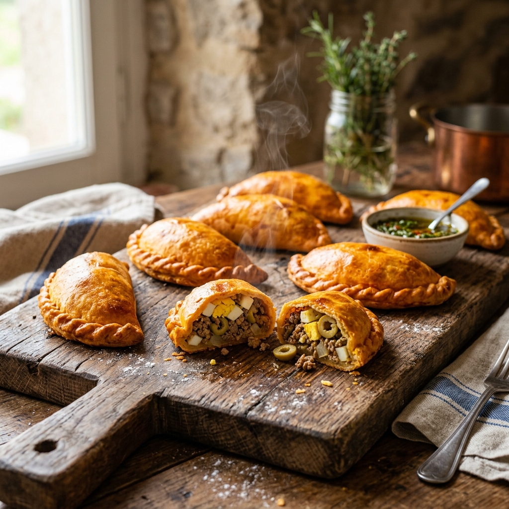 Empanadas argentinas doradas al horno, algunas abiertas con relleno de carne