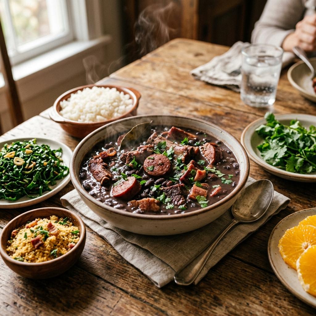 Feijoada brasileña: guiso de frijol negro con carnes ahumadas, arroz y naranja