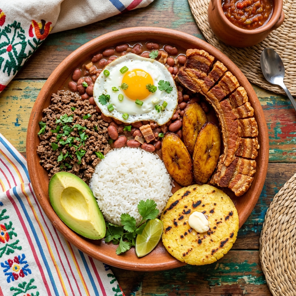Bandeja paisa colombiana con arroz, frijoles, chicharrón, huevo, plátano y aguacate