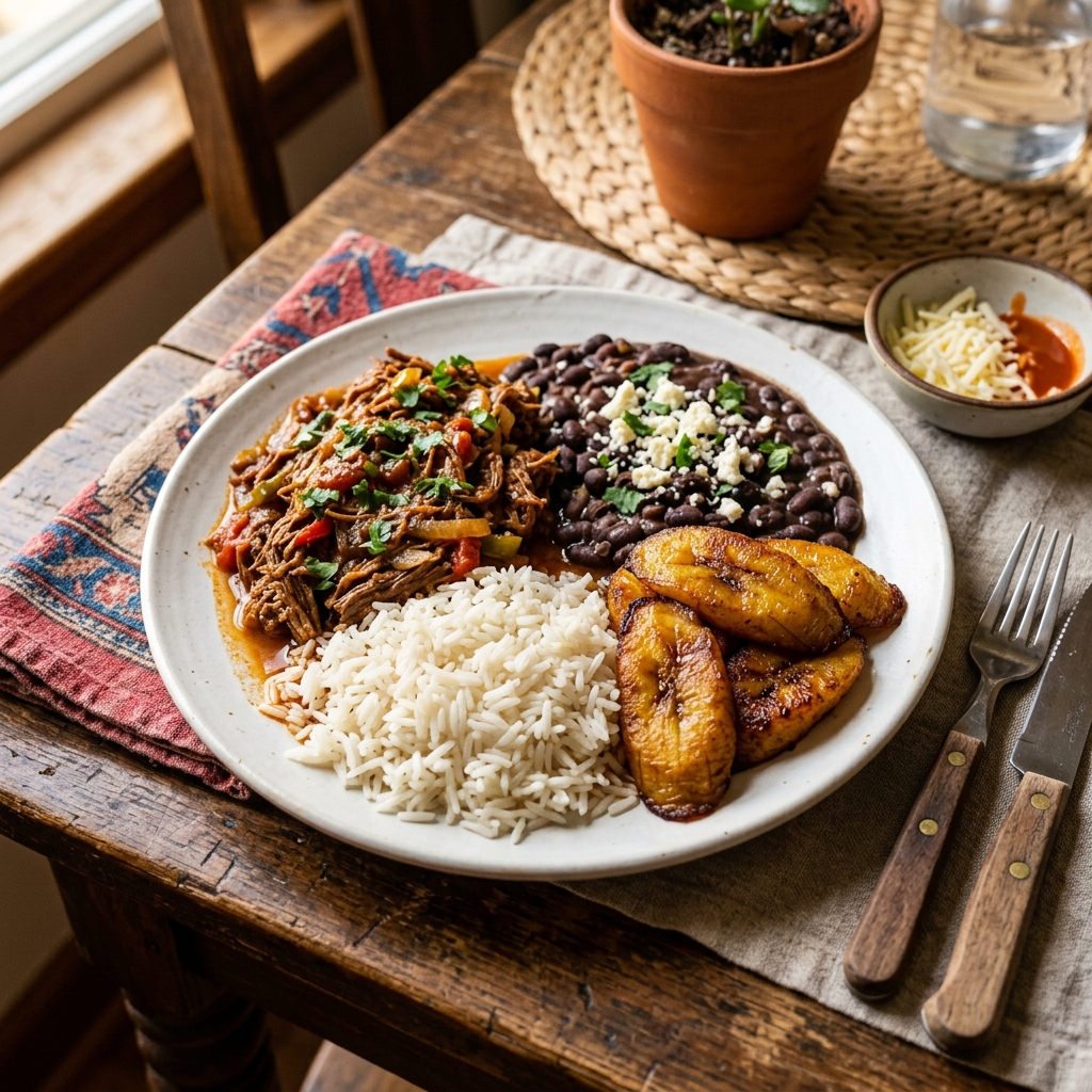 Pabellón criollo venezolano: carne mechada, arroz blanco, caraotas negras y tajadas