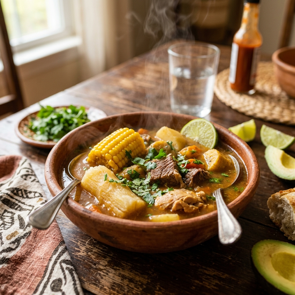 Caldo latinoamericano reconfortante en tazón rústico