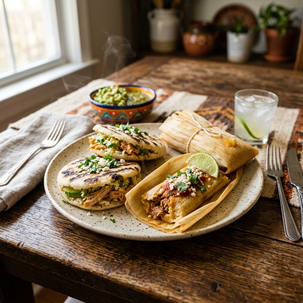 Arepas y tamales sobre una mesa de madera